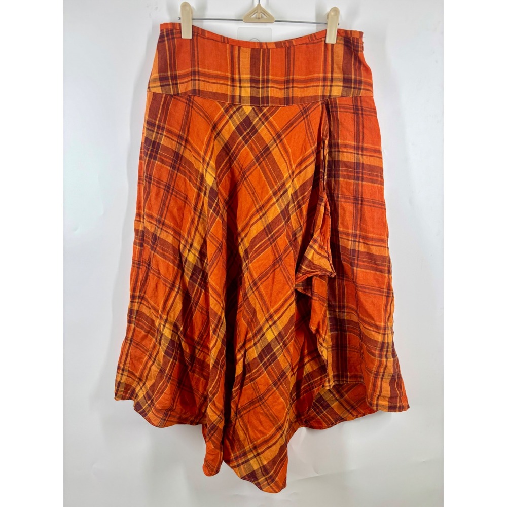 Kasper Brown Orange Plaid Linen Handkerchief Hem Midi Skirt Size 8